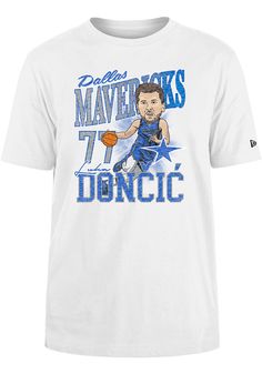 Show support for your favorite player in this Luka Doncic Dallas Mavericks Short Sleeve Fashion Player Tee! This White Fashion Player T Shirt features a Screen printed team and player graphics on front, so everyone will know you cheer for Dallas, Luka Doncic! This is the perfect Fashion Player T Shirt for wearing from every day to game day. Win Mavericks!! Crew Neckline, Team and Player specific graphics on front, 100% short sleeve cotton material, Fit: True to Size, Crew Neck Fan Apparel T-shirt With Front Print, White Tops With Team Logo For Fan Events, Fan Apparel Tops With Character Print For Sports Events, White Character Print Tops For Fan Events, Crew Neck Tops With Character Print For Sports Events, Fan Apparel Tops With Sublimation Print For Fan Events, Fan Apparel Tops With Front Print, Fan Gear Shirt With Sublimation Print, Sporty Tops With Character Print For Sports Events