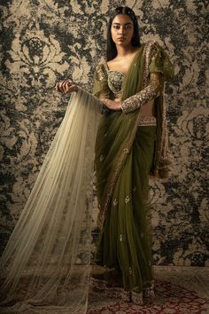 Olive Green Saree, Green Sari, Zardozi Embroidery, Organza Blouse, Net Saree, Saree With Blouse, Bead Embroidery, Bride Bridal