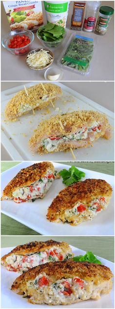 four different views of food being prepared on a white platter, and then cut in half