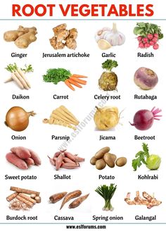 an image of root vegetables that are labeled in red and white text on a white background