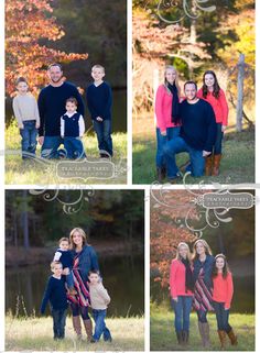 a family posing for pictures in the fall