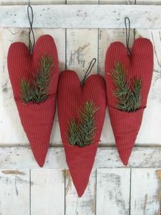 three red heart shaped plants hang from hooks on a white wooden wall with wood planks