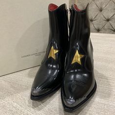 Golden Goose Deluxe Brand Western Boots Brand New With Box And Dust Bag Size 35 Luxury Closed Toe Boots For Galas, Golden Goose Boots, Ankle Cowboy Boots, Western Ankle Boots, Western Booties, Black Leather Ankle Boots, Leather Cowboy Boots, Golden Goose Deluxe Brand, Boot Brands