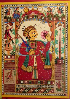 Phad Painting mix media on canvas Traditional Indian Paintings On Canvas, Rajasthan Painting Canvases, Phad Art Design, Phad Painting Motifs, Phad Art Paintings, Chitrakathi Paintings