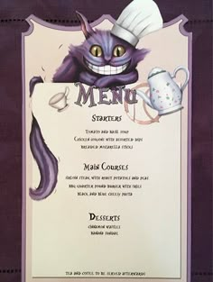 a menu with an image of a cat wearing a chef's hat and holding a teapot