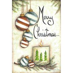 a christmas card with ornaments hanging from it