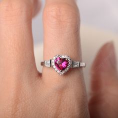 All HANDMADE ITEMS SHIP IN APPROX 8 DAYS Main Stone: Lab created ruby Main Stone Size: Heart cut 6 mm x 6mm Main Stone Weight: 1.16 carat Side Stone: CZs Height From The Ring Setting Bottom(to gemstone top): about 5.25 mm Width of Ring band Measure: gradually varied,about 2.08 to 2.31 mm Material: .925 Sterling Silver/14K White Gold/14K Yellow Gold/14k Rose Gold Engraved: Available For FreeNo more than 13 letters) Customized:Of course! Tell me what you want Includes With Order: All of my store i Dainty Jewelry For Valentine's Day Proposal, Valentine's Day Gemstone Rings Fine Jewelry, Valentine's Day Gemstone Fine Jewelry Rings, Valentine's Day Fine Jewelry Gemstone Rings, Fine Ruby Heart-shaped Jewelry, Fine Ruby Heart Jewelry, Valentine's Day Ruby Ring Fine Jewelry, Elegant Heart Cut Ruby Ring For Anniversary, Valentine's Day Gift Ruby Ring With Diamond