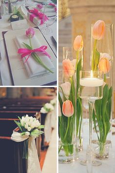 flowers in vases and place settings on tables