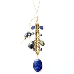 Handcrafted gemstone necklace made with a variety of gorgeous gemstones, Lapis Lazuli, Labradorite, Druzy Azurite and black Tahitian pearls dangling, all combined with vintage African brass strung on a 14k gold organic cord. This necklace is elegant, raw, chic and a modern appeal of a wear-forever piece. The length can be adjusted to be worn short or long. Necklace measure 33” in length Gemstones large to small Made with love in Los Angeles Complimentary gift wrapping provided All sales final Black Tahitian Pearls, Tahitian Black Pearls, Lapis Lazuli Pendant, Vintage Chain, Jewel Necklace, Handcrafted Necklace, Green Agate, Tahitian Pearls, Pendant Gold