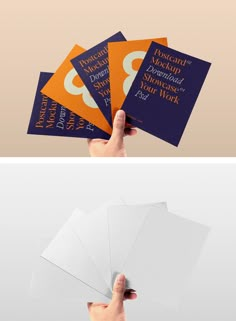 Free four Postcards in Hand Mockup with purple and orange design colors against beige color in the background. Postcard Mockup Free, Free Postcards, Branding Elements, Free Cards, Postcard Design