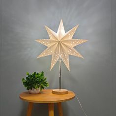 a wooden table with a lamp and potted plant on it