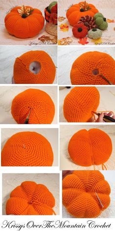 an orange knitted pumpkin sitting on top of a table