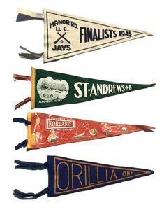 four pennants with the names of different sports teams hanging from each one's sides