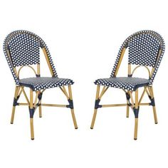 two blue and white chairs sitting next to each other