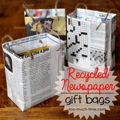 two newspaper bags sitting on top of a wooden table next to each other with text reading recycled newspaper gift bags