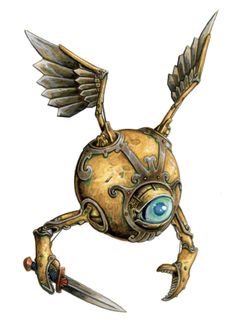 an image of a creature with wings on it's head and eyes, holding two swords