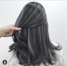 Ash Grey Hair With Highlights, Milk Tea Grey Brown Hair, Dark Ash Black Hair, Highlight Rambut Ash Grey, Ash Blue Hair Color Highlights, Grey Bayalage Hair, Ash Grey Highlights On Dark Hair, Gray Babylights, Micro Highlights On Dark Hair