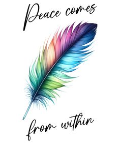 a colorful feather with the words peace comes from within