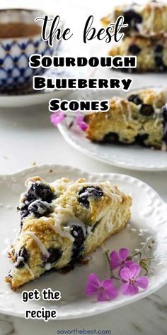 the best sourdough blueberry scones are on white plates with purple flowers