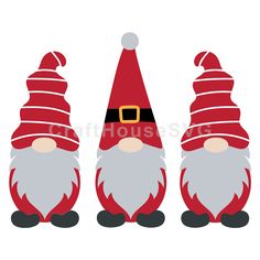 three gnomes with hats and beards on their heads, one wearing a santa claus hat