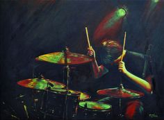 a painting of a man playing drums in the dark