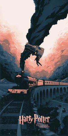 a harry potter movie poster with a train coming down the track and flying through the air