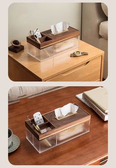 two different views of a desk with some items on it and one has a tissue dispenser in the middle