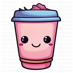 a pink coffee cup with a blue lid and smiling face on it's side