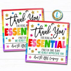 two thank cards with the words, thank you for being a essential essential essential essential essential essential