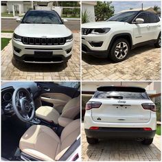 four different pictures of the interior and exterior of a white jeep with tan leather seats