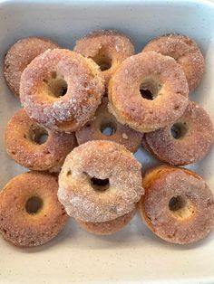 several sugared donuts are in a blue dish