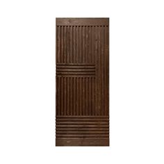 a brown wooden door with vertical slats on the bottom and side panels, in front of a white background