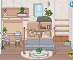 a living room filled with furniture and potted plants on top of it's shelves