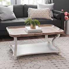 a living room with a gray couch and white coffee table