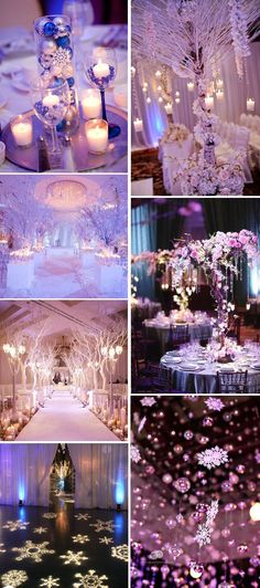 wedding reception decorations and centerpieces in purple, white and silver colors with snowflakes on the table