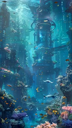 the underwater city is surrounded by corals and fish