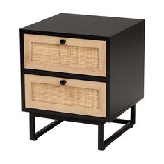 the side table has two drawers with wicker baskets on each drawer and is height