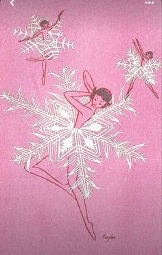 a pink background with white snowflakes and an image of a woman in the air