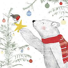 a drawing of a bear holding a star next to a christmas tree with ornaments on it