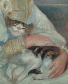 a painting of a woman laying on top of a bed next to a white cat