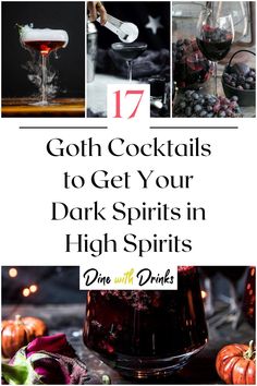 Collage of 4 goth cocktails. Goth Cocktails, Gothic Drinks, Vampire Halloween Party, Halloween Themed Drinks, Bachelorette Cocktails, Halloween Drinks Alcohol, Drink Names, Cocktail Names