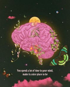 a pink brain sitting on top of a cloud filled sky with butterflies flying around it