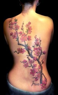 a woman's back with pink flowers on it