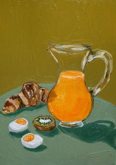 a painting of an orange pitcher, croissants and eggs on a table