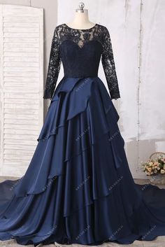 a - line scoop neck long sleeves navy blue prom dress with lace and ruffles