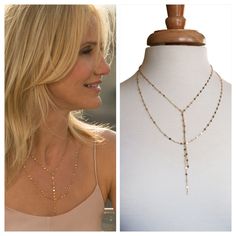 Have you seen the movie 'The other woman'? If you did and if you are like me a jewelry obsessed I am sure you have noticed the beautiful necklace Cameron Diaz was wearing.

I have recreated this necklace using a beautiful, dainty, sparkly 14k gold-filled chain.

Plain, sexy, and goes with any gold earrings. Great for everyday wear or night out.

Two necklaces you can wear together or separately

Length; longer chain is 20 inch
The shorter chain is 17 inches long and the waterfall part m The Other Woman, Cross Necklace Sideways, Horn Pendant Necklace, Inspired Necklace, Moon Pendant Necklace, Cameron Diaz, Swarovski Necklace, Gold Jewellery Design Necklaces, Jewelry Design Necklace