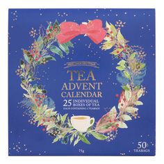 the tea advent calendar is displayed in front of a blue background with flowers and leaves