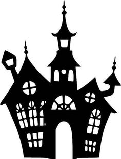 a black and white silhouette of a house with turrets on it's roof, surrounded by windows