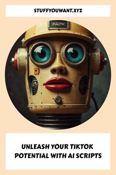 Robot with large blue eyes and red lips on a peach background with the text "Unleash Your TikTok Potential With AI Scripts". Hosting Website, Types Of Websites, Website Security, Free Web Hosting