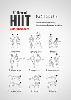 the 30 days of hiit workout poster shows how to do it in 3 minutes